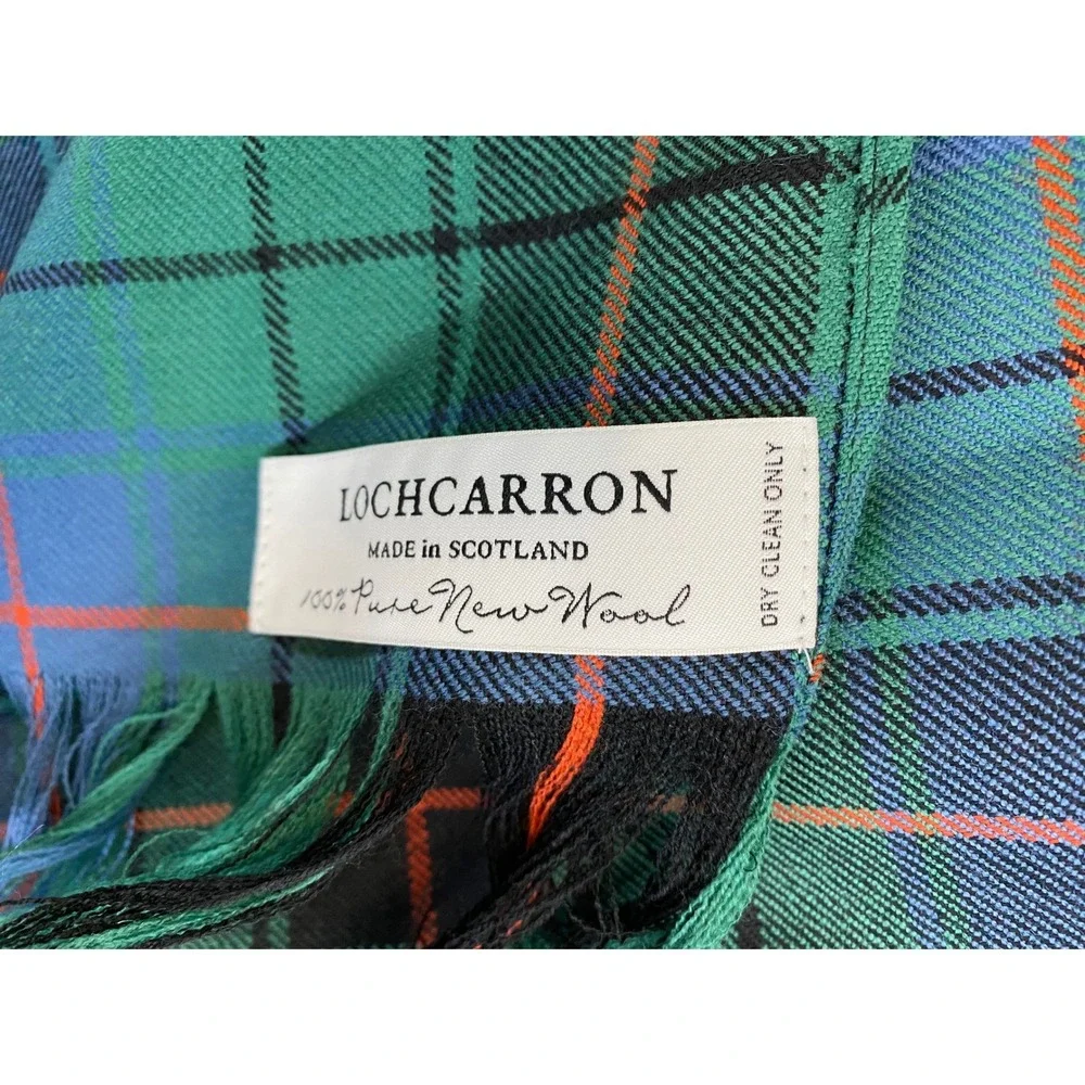 Lochcarron Scotland Scarf Green Blue Orange Tartan Plaid 100% Pure Wool Fringe